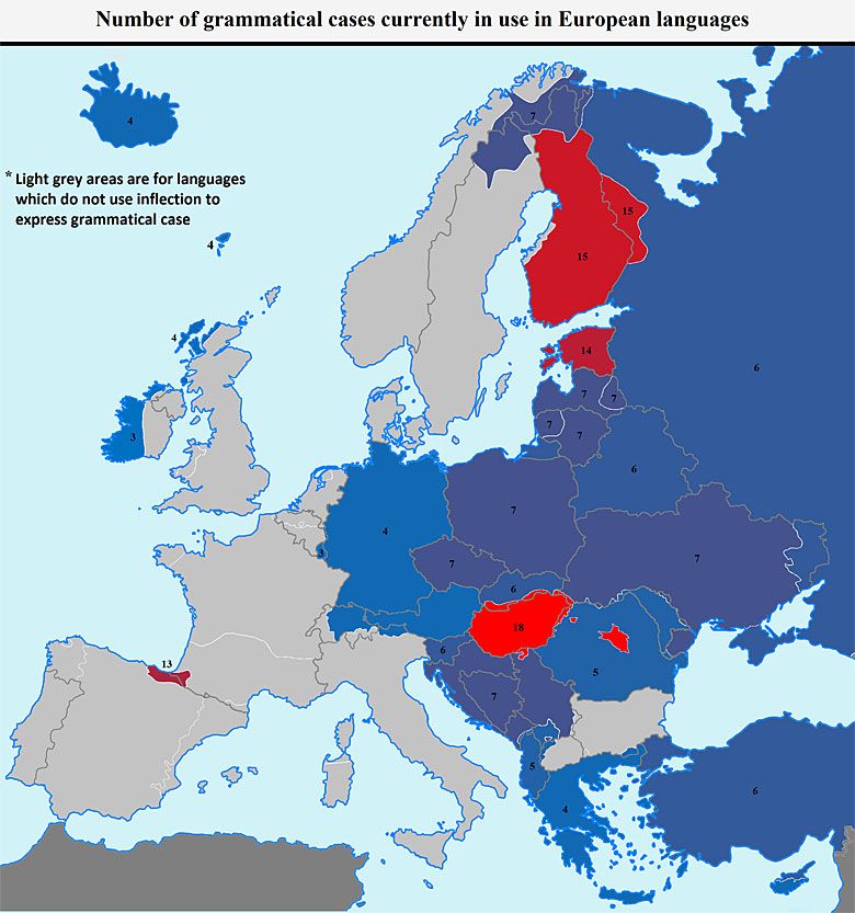 Liczba przypadków gramatycznych w językach europejskich