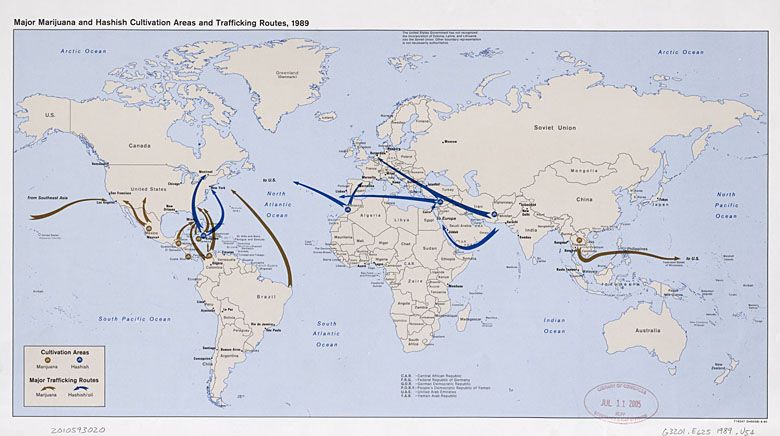 Główne szlaki przerzutowe marihuany i haszyszu do USA w 1989 roku