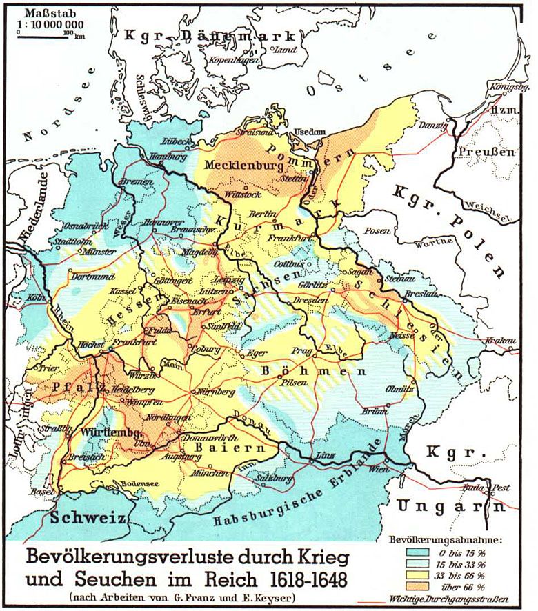 Zmniejszenie się liczby ludności z powodu wojen i epidemii w latach 1618-1648 w Świętym Cesarstwie Rzymskim 