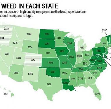 Ceny uncji (ok. 28 gram) marihuany w poszczególnych stanach USA. Najtaniej tam gdzie jest legalna