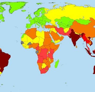 Liczba gatunków jadowitych zwierząt w poszczególnych krajach świata