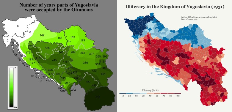 Analfabetyzm w Jugosławii w 1931 roku skorelowany z mapą Imperium Osmańskiego