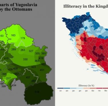 Analfabetyzm w Jugosławii w 1931 roku skorelowany z mapą Imperium Osmańskiego