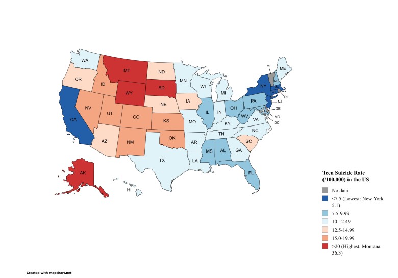 Stany USA według wskaźników samobójstw wśród nastolatków (w wieku 15–19 lat) w latach 2020–2022