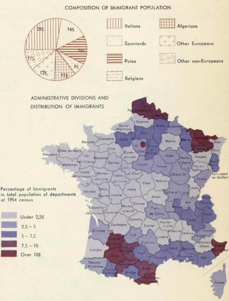 Procent imigrantów w poszczególnych departamentach Francji w latach 60-tych, 1954