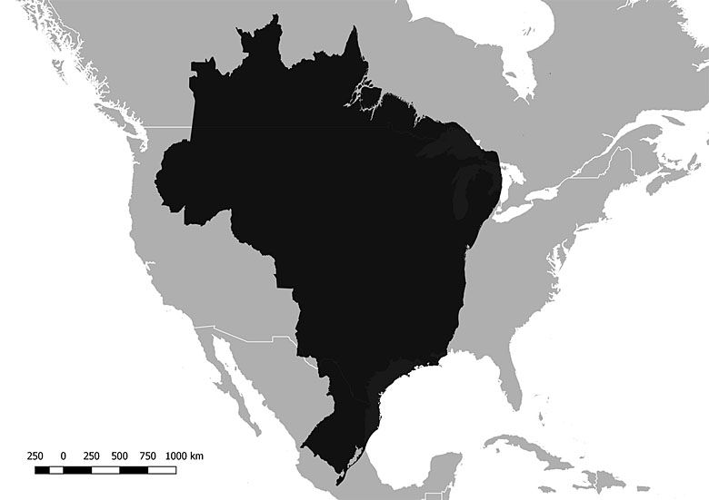 Mapa Brazylii naniesiona na mapę Ameryki Północnej