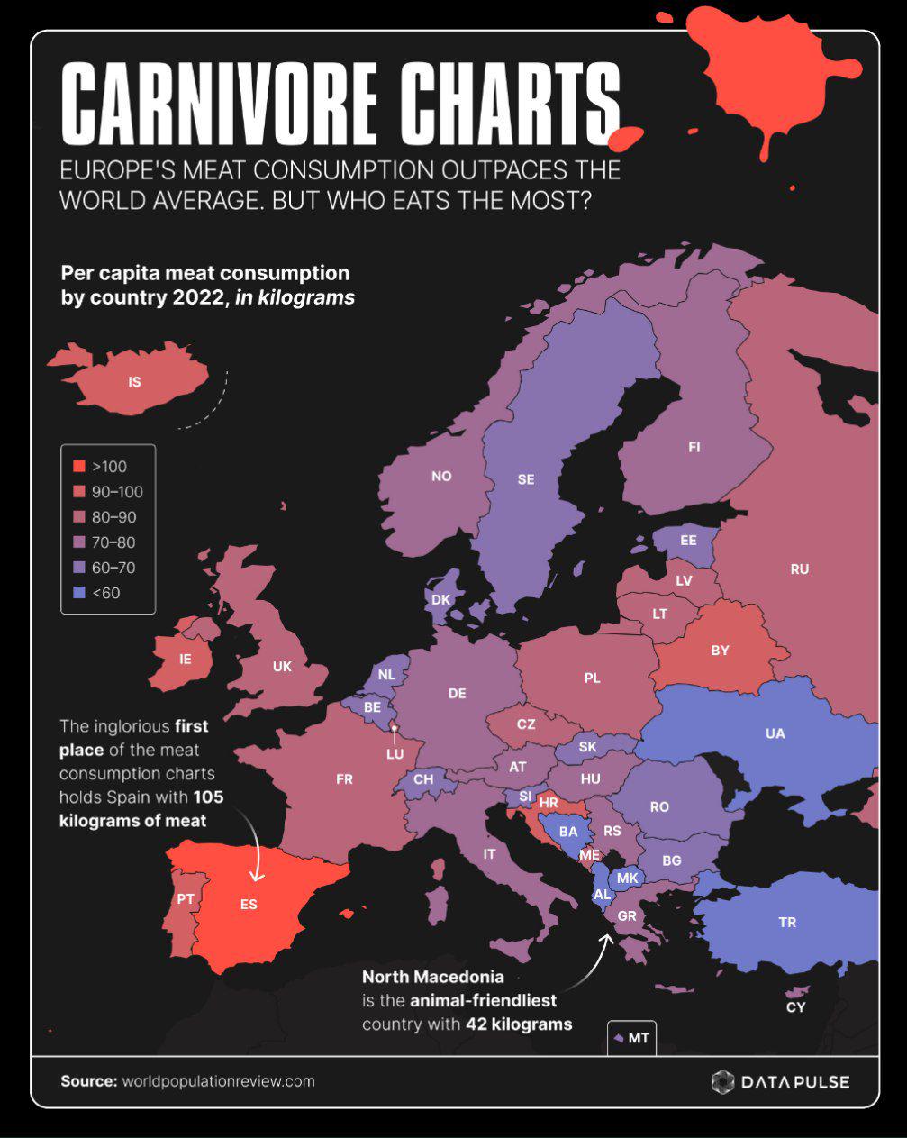 Spożycie mięsa w przeliczeniu na jednego mieszkańca w poszczególnych krajach Europy