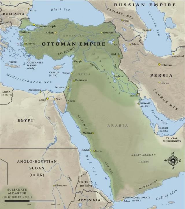 Mapa Imperium Osmańskiego (Turcji) w 1914 roku