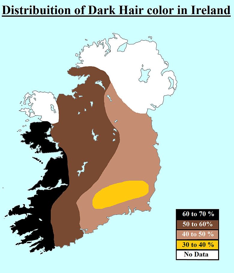 Procent mieszkańców Irlandii z ciemnymi i czarnymi włosami