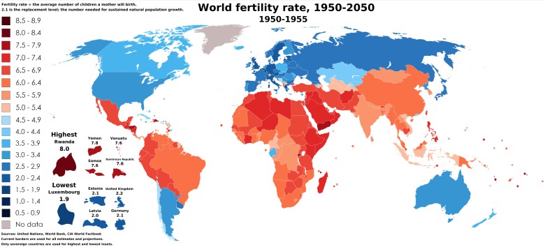 Dzietność w poszczególnych państwach świata 1955 - 1955