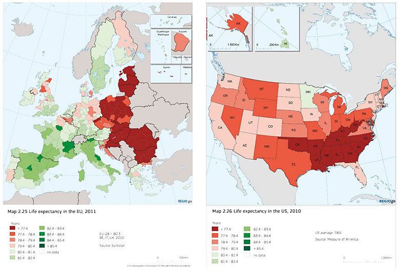 Spodziewana długość życia w Europie (2011) i USA (2010)
