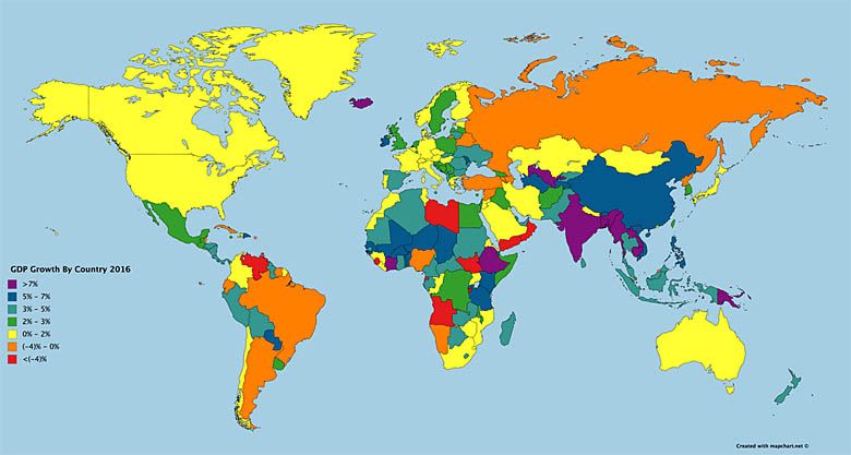 Wzrost PKB w poszczególnych krajach świata w 2016 roku
