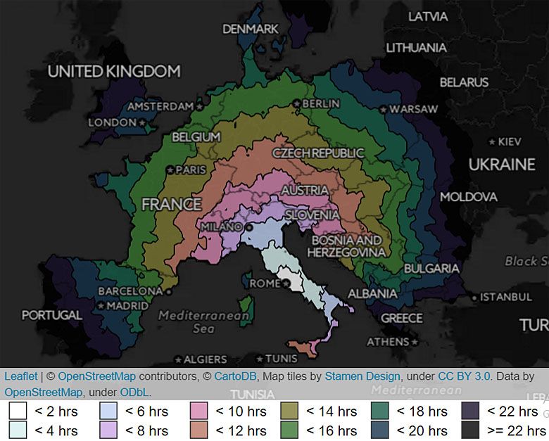 Czas podróży do Rzymu z różnych miejsc Europy