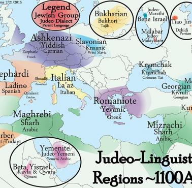 Języki żydowskie w zależności od diaspory w Europie w 1100 roku