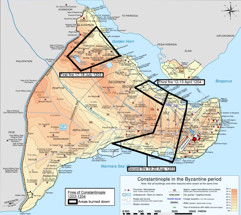 Konstantynopol w Cesarstwie Bizantyjskim z zaznaczonym  obszarem pożaru z lat 1203-1204