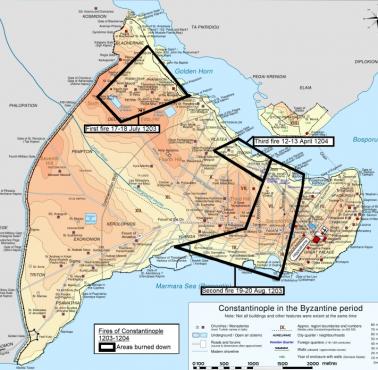 Konstantynopol w Cesarstwie Bizantyjskim z zaznaczonym  obszarem pożaru z lat 1203-1204