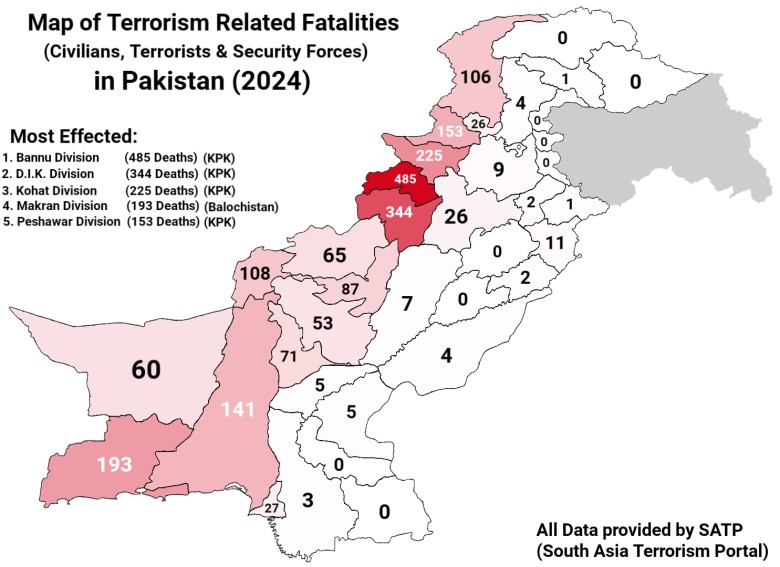 Ataki terrorystyczne z podziałem na prowincje w Pakistanie, 2024. Liczba ofiar śmiertelnych