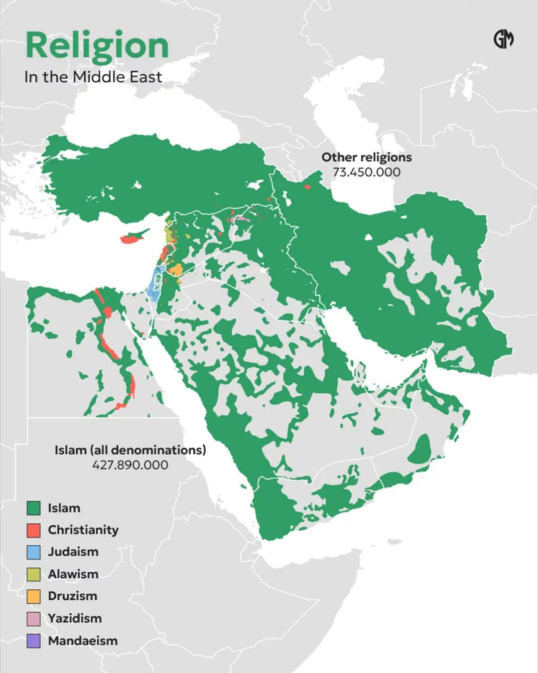 Mapa religii na Bliskim Wschodzie (stan obecny)