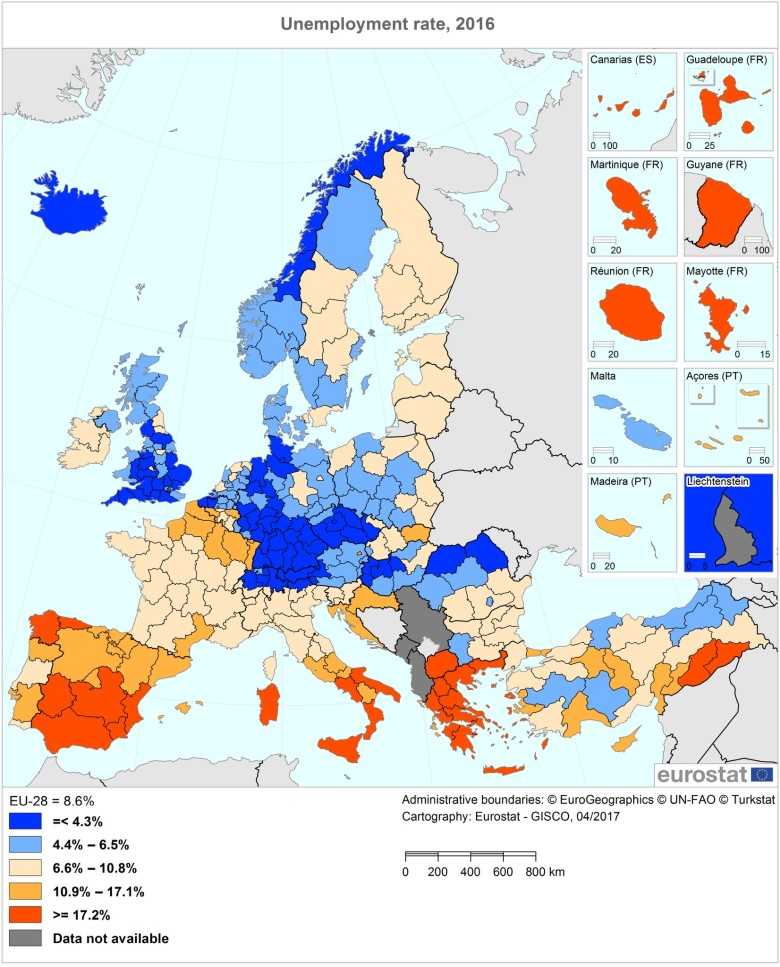 Średnia stopa bezrobocia w poszczególnych krajach Europy w 2016 roku