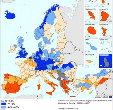 Średnia stopa bezrobocia w poszczególnych krajach Europy w 2016 roku