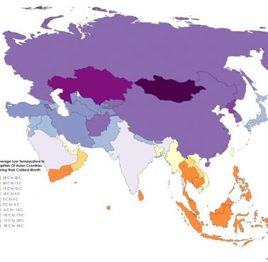 Średnia najniższa temperatura odnotowana w najzimniejszym miesiącu w poszczególnych państwach Azji