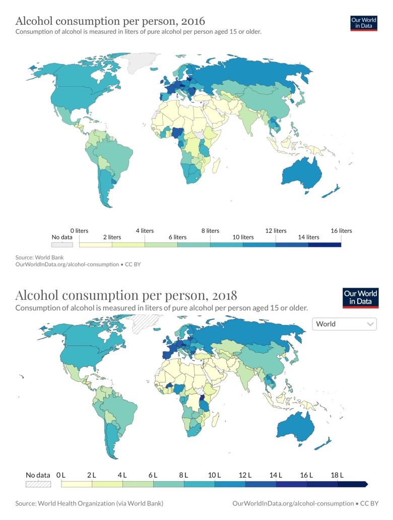 Gdzie pije się najwięcej alkoholu na osobę (>15 roku życia) w poszczególnych krajach świata, rok 2016 w porównaniu do 2018