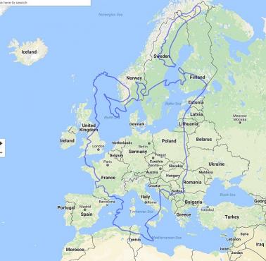 Mapa europejskiej części Rosji naniesiona na pozostałą część Europy