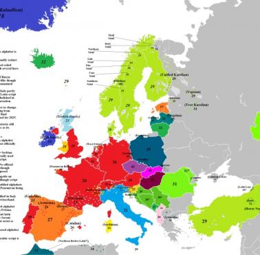 Liczba liter alfabetu łacińskiego w poszczególnych państwach europejskich