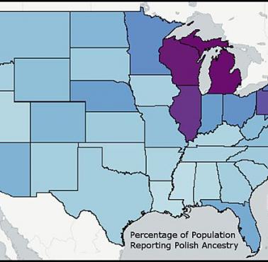 Procent Amerykanów w poszczególnych stanach przyznających się do polskich przodków