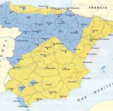 Początek wojny domowej w Hiszpanii, tereny opanowane przez sowieckich agentów (Republikanie) i Rebeliantów