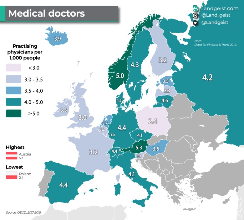 Ilość lekarzy przypadająca na 1000 mieszkańców w poszczególnych państwach Europy, 2017-2019