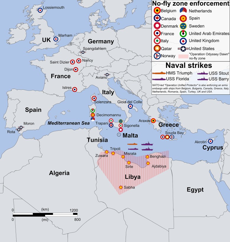 Mapa baz i celów bombardowania Libii przez NATO, 2011