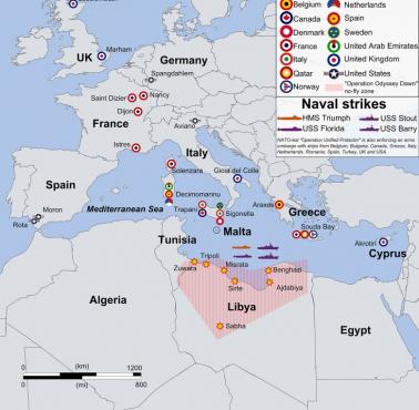 Mapa baz i celów bombardowania Libii przez NATO, 2011