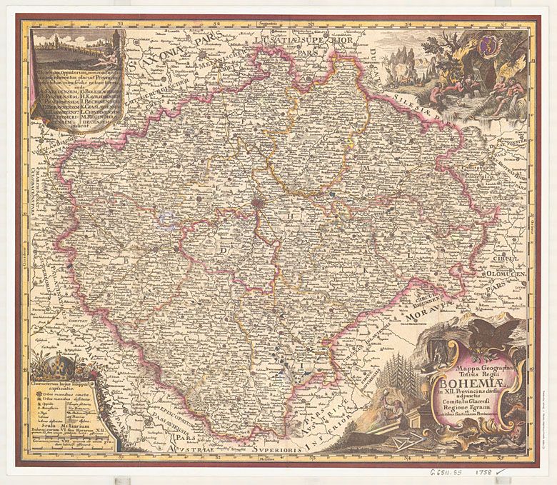 XII-wieczna mapa Bohemii (historyczna krajna należąc do ziem państwa czeskiego), wykonana w 1758