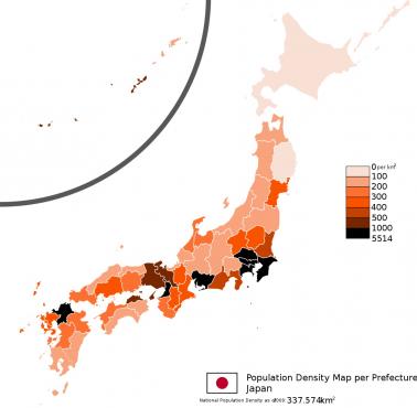 Mapa demograficzna Japonii z podziałem na prefektury