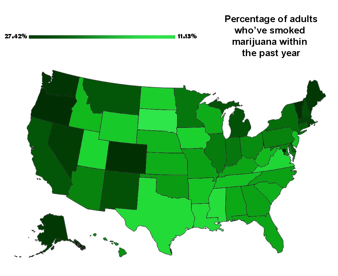 Odsetek dorosłych Amerykanów, którzy palili marihuany w ciągu ostatniego roku