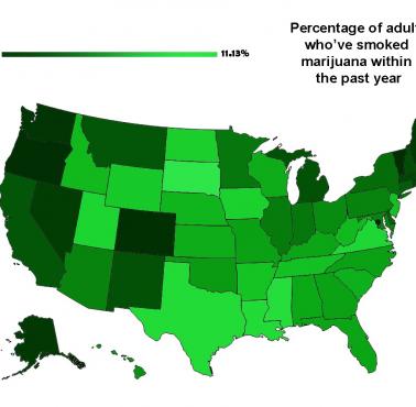 Odsetek dorosłych Amerykanów, którzy palili marihuany w ciągu ostatniego roku