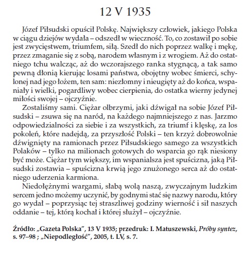 Ignacy Matuszewski na śmierć Józefa Piłsudskiego (Gazeta Polska, 13 V 1935 r.)