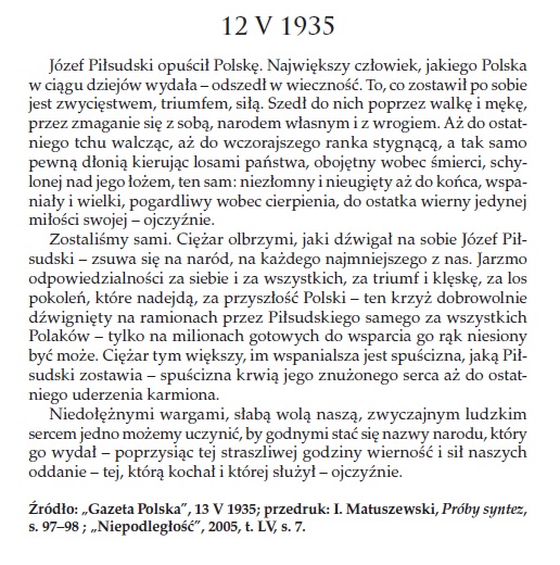 Ignacy Matuszewski na śmierć Józefa Piłsudskiego (