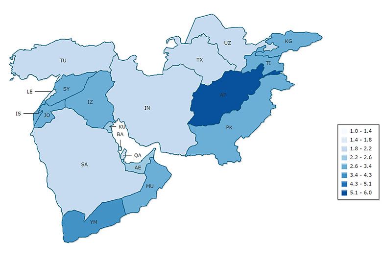 Bliski Wschód według współczynników dzietności (dane 2014)