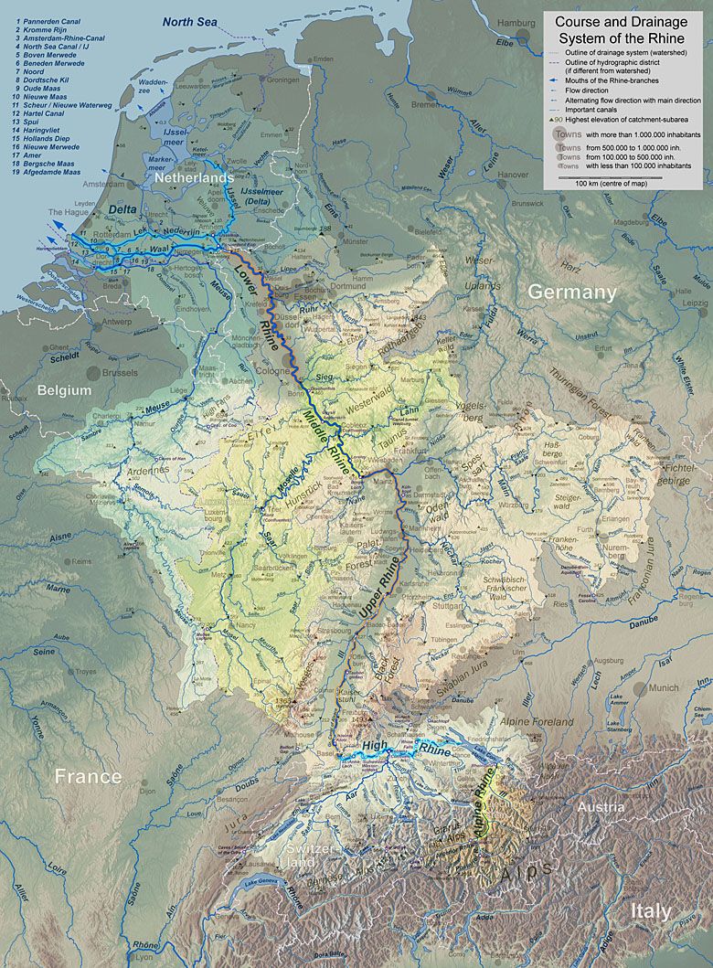 Bardzo szczegółowa mapa Renu i jej dopływów