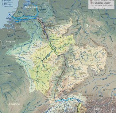 Bardzo szczegółowa mapa Renu i jej dopływów