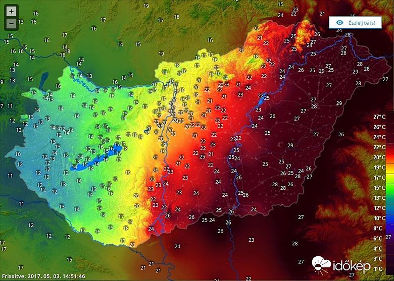 Mapa temperatury na Węgrzech 3 maja 2017 roku