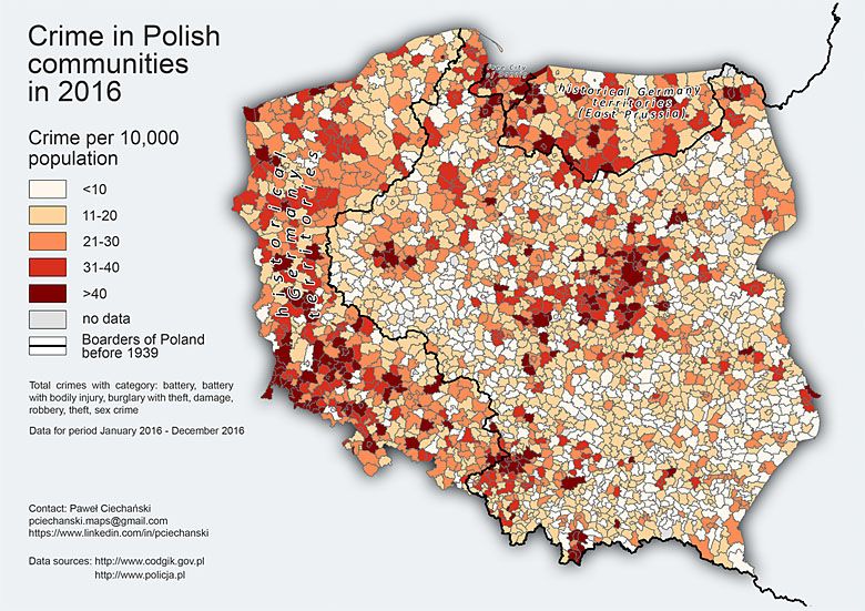 Poziom przestępczości w Polsce na 10 tys. mieszkańców z naniesioną mapą granic zachodnich przed rozpoczęciem wojny przez Niemcy