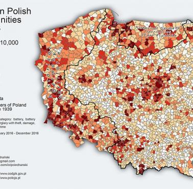 Poziom przestępczości w Polsce na 10 tys. mieszkańców z naniesioną mapą granic zachodnich przed rozpoczęciem wojny przez Niemcy