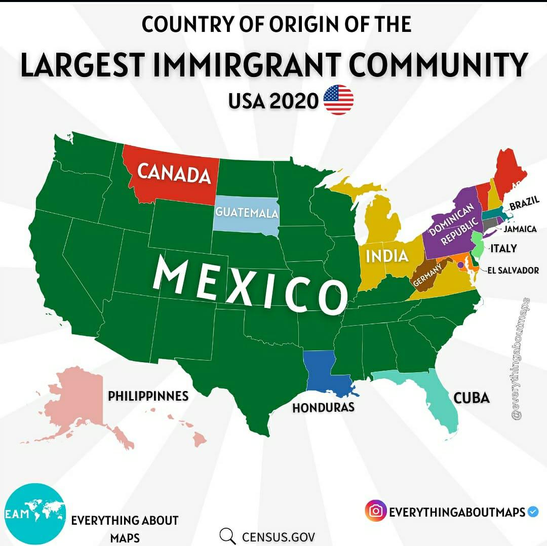 Największa grupa imigrantów w każdym stanie USA, 2020