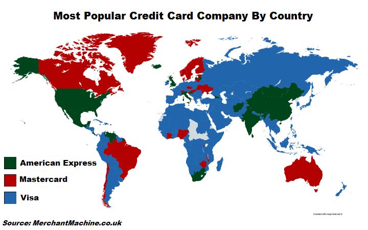 Najpopularniejsze karty płatnicze w poszczególnych państwach świata (Visa, Mastercard, American Express)