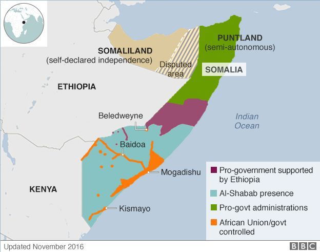 Polityczna mapa Somalii (listopad 2016, dane BBC)