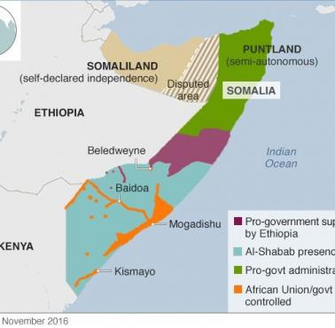 Polityczna mapa Somalii (listopad 2016, dane BBC)