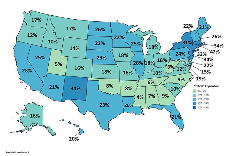 Katolicy w USA (procentowo według stanów)